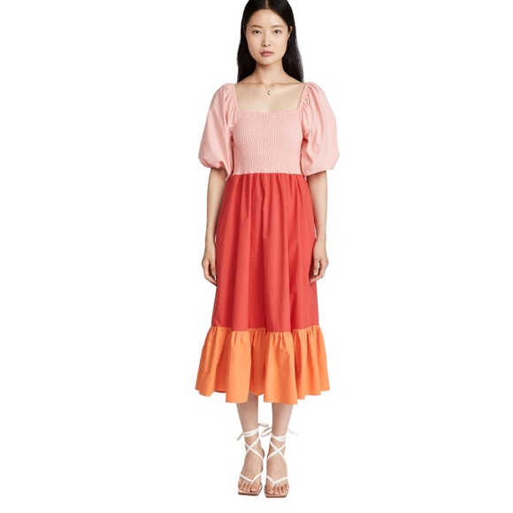 Rhode Eloise Puff Sleeve Colorblock Midi Dress in Strawberry Multi Colored US M - Picture 15 of 15